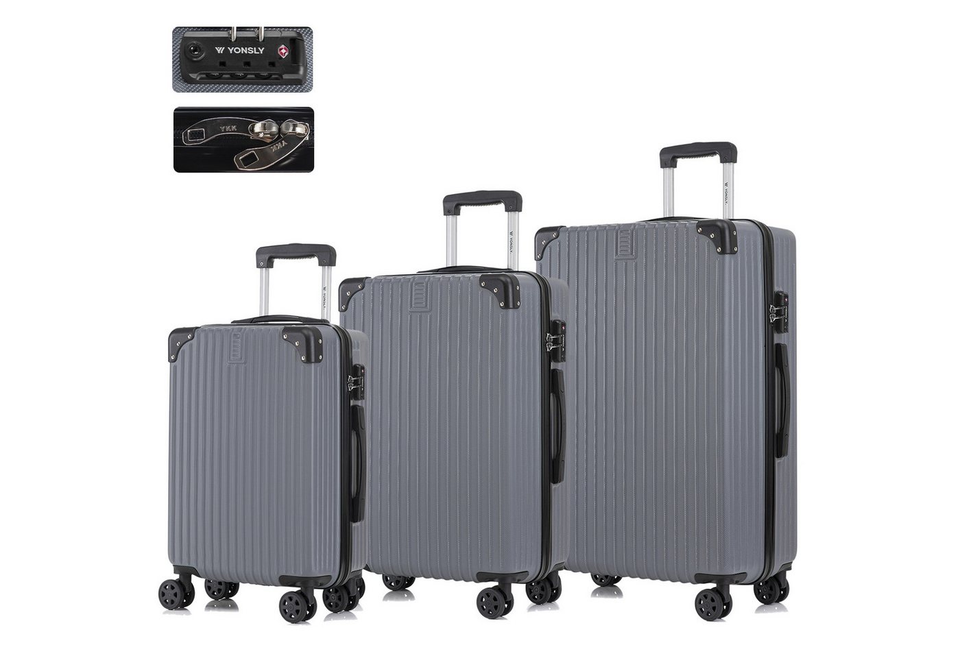 YONSLY Trolleyset Hartschalen Reisekoffer Trolley für Kurztrip, Urlaub und Familie, 4 Rollen, (M-L-XL Set, 3 tlg., Handgepäck-, Reise- und XL-Koffer), mit TSA-Schloss, YKK-Reißverschluss und austauschbaren Rollen
