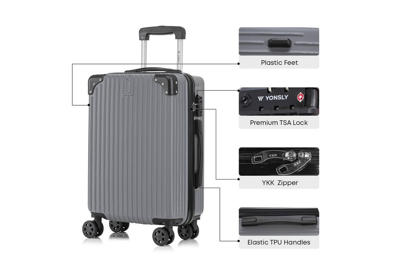 YONSLY Trolleyset Hartschalen Reisekoffer Trolley für Kurztrip, Urlaub und Familie, 4 Rollen, (M-L-XL Set, 3 tlg., Handgepäck-, Reise- und XL-Koffer), mit TSA-Schloss, YKK-Reißverschluss und austauschbaren Rollen Bild 2