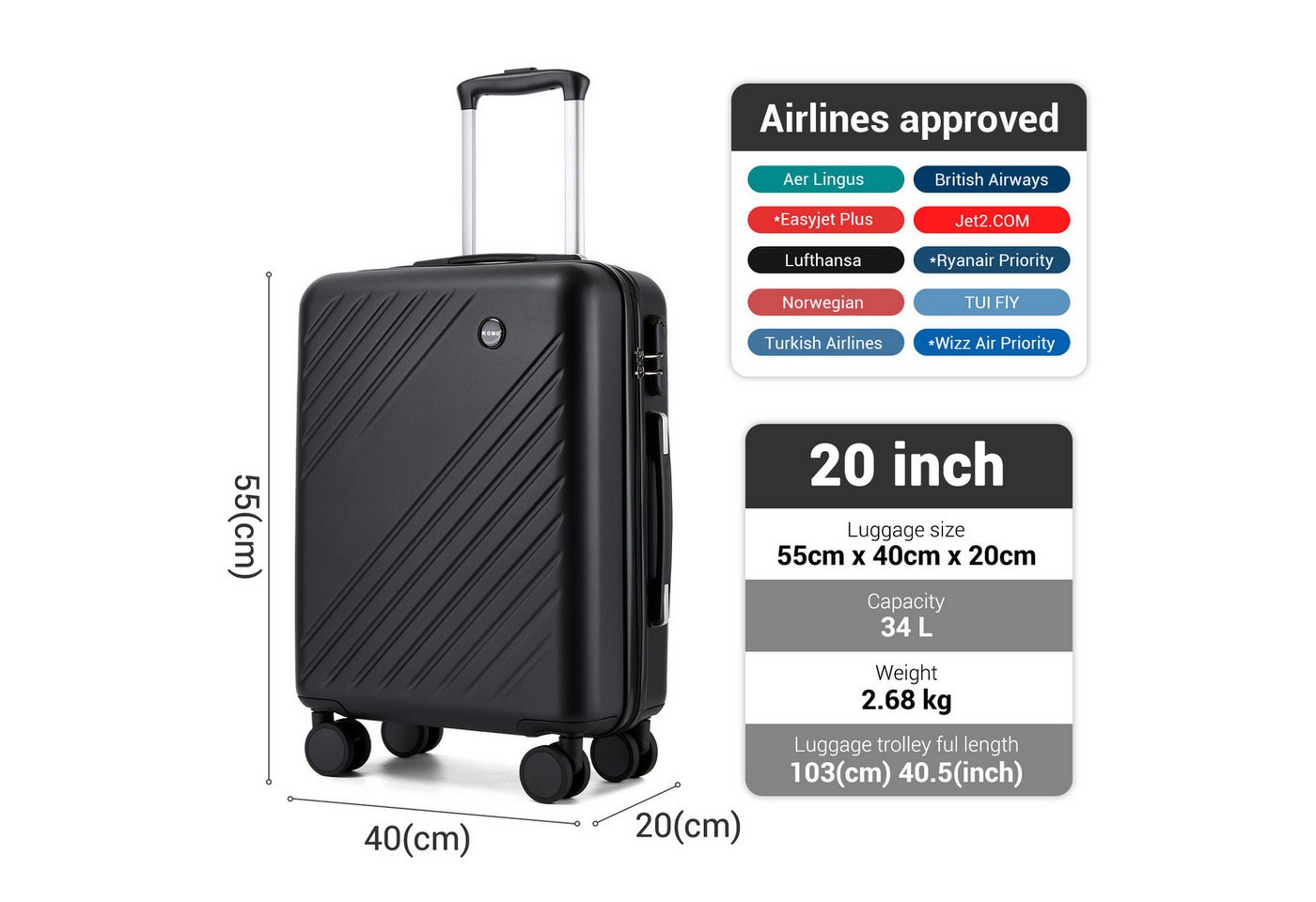 KONO Koffer Hartschalenkoffer 20/24/28 Zoll, ABS+PC, Leichter Reisekoffer Bild 5