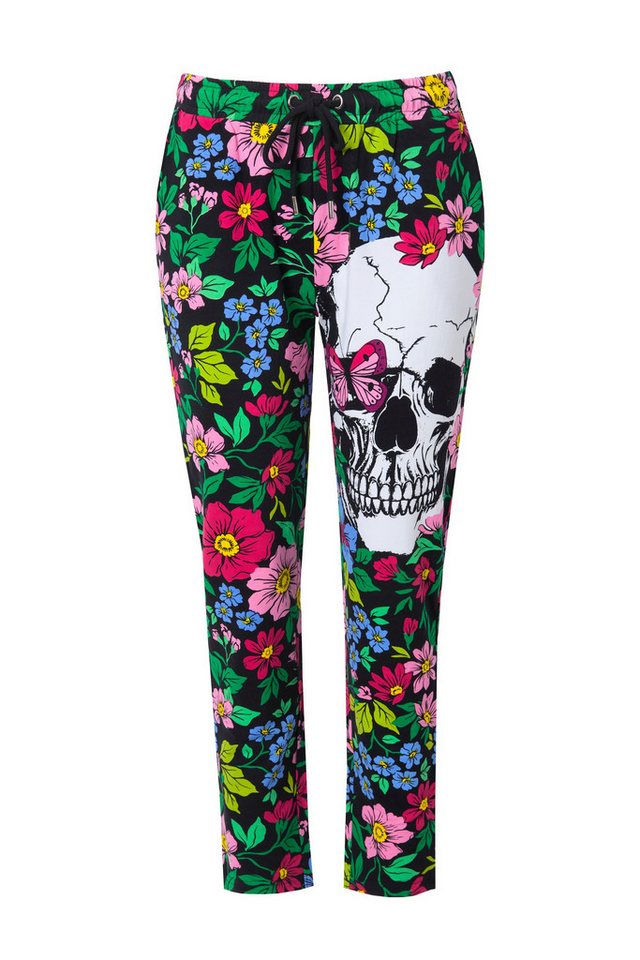 Angel of Style Funktionshose Joggpants gerades Bein Blumen/Totenköpfe
