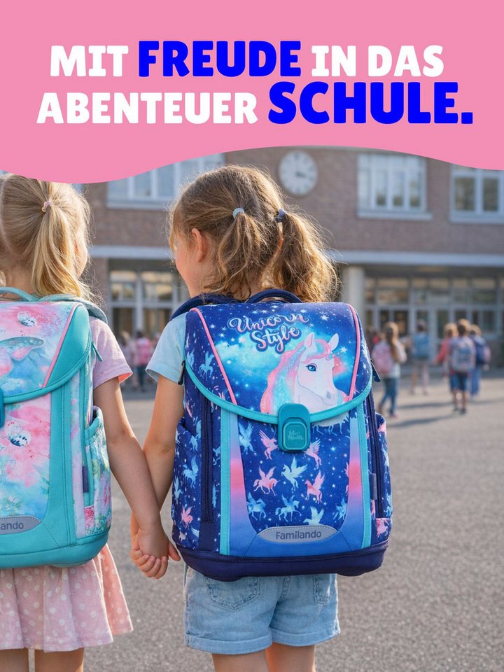 Familando Schulranzen Unicorn Einhorn Schultasche, Pferde, blau, rosa, ab 1. Klasse (Set, 10-tlg., inkl. Sporttasche und Schultüte / Zuckertüte 85cm), mit Brustgurt, 1.000 Gramm leicht, 20L Volumen
