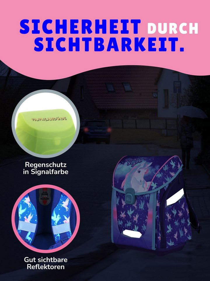 Familando Schulranzen Unicorn Einhorn Schultasche, Pferde, blau, rosa, ab 1. Klasse (Set, 10-tlg., inkl. Sporttasche und Schultüte / Zuckertüte 85cm), mit Brustgurt, 1.000 Gramm leicht, 20L Volumen Bild 2