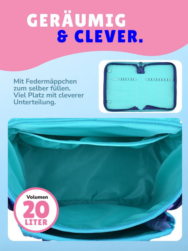 Familando Schulranzen Unicorn Einhorn Schultasche, Pferde, blau, rosa, ab 1. Klasse (Set, 10-tlg., inkl. Sporttasche und Schultüte / Zuckertüte 85cm), mit Brustgurt, 1.000 Gramm leicht, 20L Volumen Bild 3