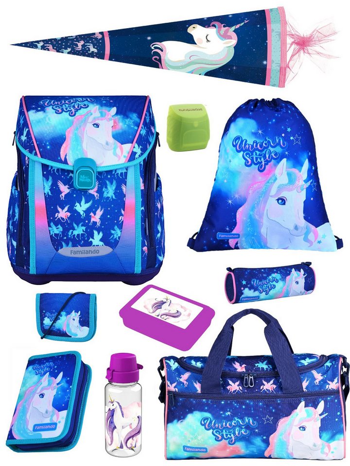 Familando Schulranzen Unicorn Einhorn Schultasche, Pferde, blau, rosa, ab 1. Klasse (Set, 10-tlg., inkl. Sporttasche und Schultüte / Zuckertüte 85cm), mit Brustgurt, 1.000 Gramm leicht, 20L Volumen Bild 4