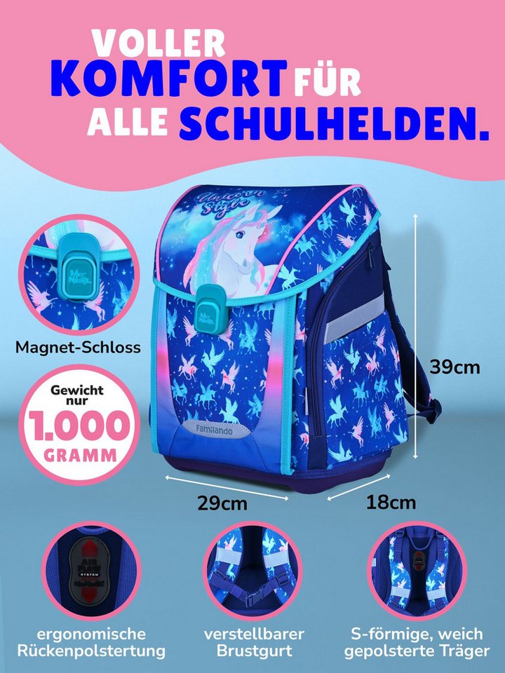 Familando Schulranzen Unicorn Einhorn Schultasche, Pferde, blau, rosa, ab 1. Klasse (Set, 10-tlg., inkl. Sporttasche und Schultüte / Zuckertüte 85cm), mit Brustgurt, 1.000 Gramm leicht, 20L Volumen Bild 5