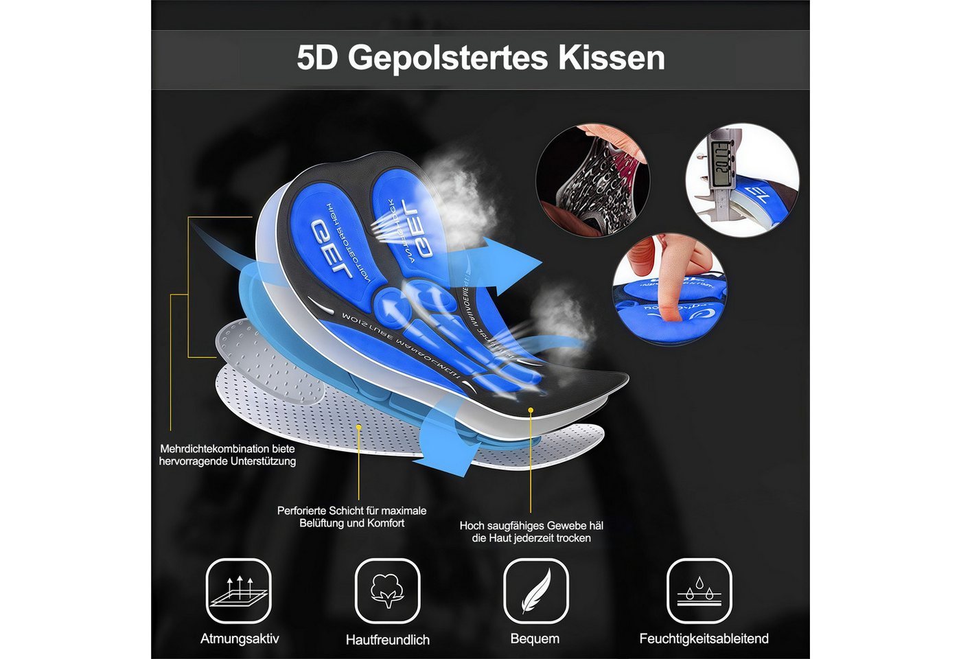 MOPUEA Radlerhose Herren-Radhosen, Herren-Radhosen mit Polsterung (Stoßfest, atmungsaktiv, Schnelltrocknend, elastisch, 1-tlg., Radfahren, Treten, freie Dehnung) Radsportshorts Fahrradhosen mit 5D Gel Sitzpolster Bild 4