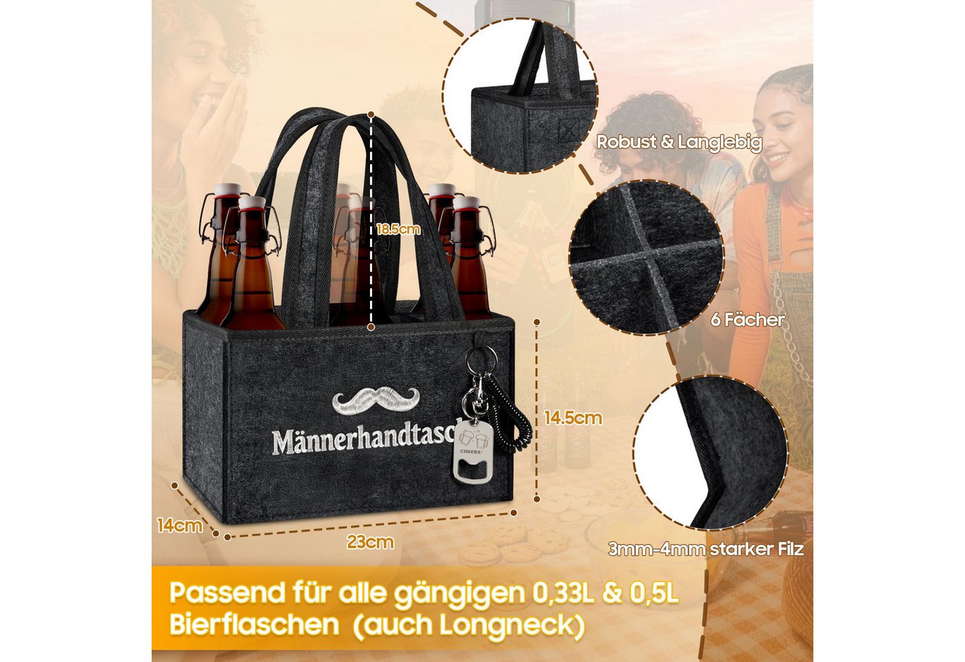 Fintie Flaschenkorb Flaschentasche mit 6 Fächern und Flaschenöffner für 0,33L/0,5L Flasche, Männerhandtasche Bier Filz Lustig Geschenke für Männer Geburtstag Papa