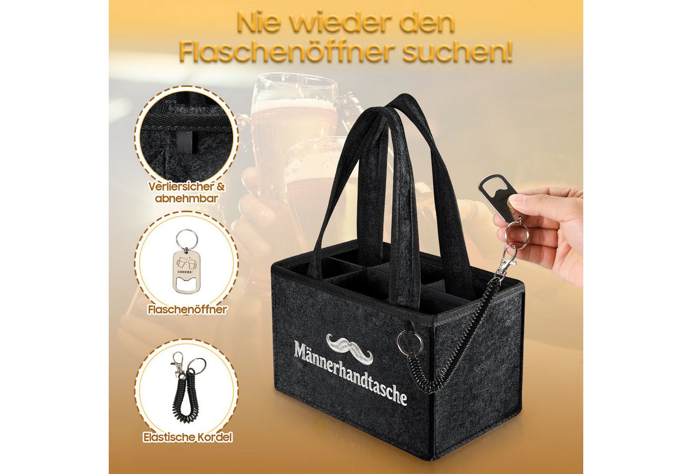 Fintie Flaschenkorb Flaschentasche mit 6 Fächern und Flaschenöffner für 0,33L/0,5L Flasche, Männerhandtasche Bier Filz Lustig Geschenke für Männer Geburtstag Papa Bild 3