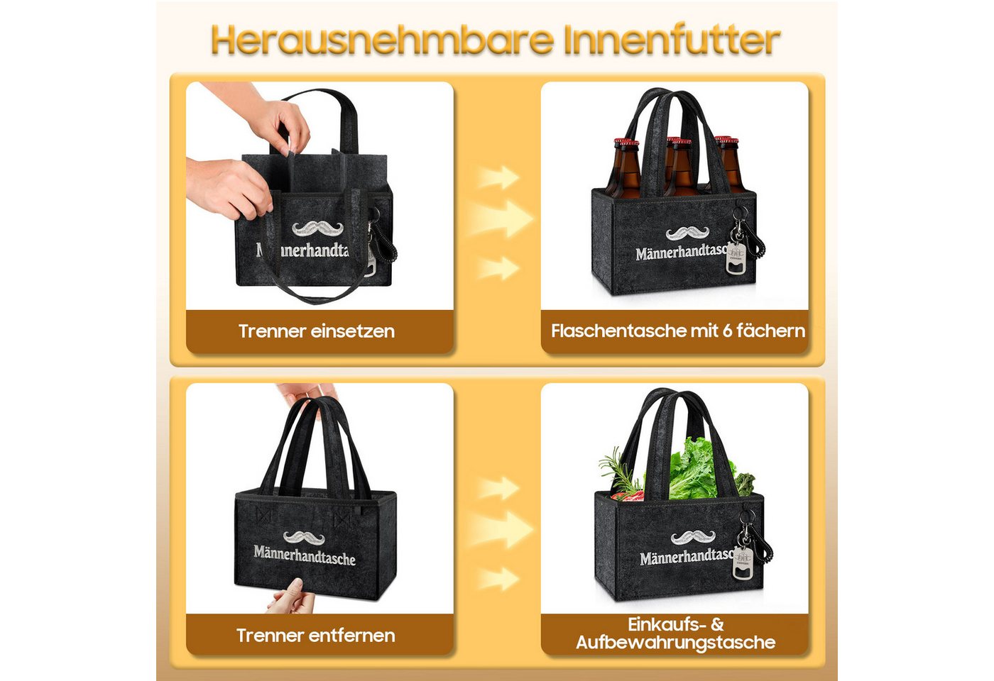 Fintie Flaschenkorb Flaschentasche mit 6 Fächern und Flaschenöffner für 0,33L/0,5L Flasche, Männerhandtasche Bier Filz Lustig Geschenke für Männer Geburtstag Papa Bild 5