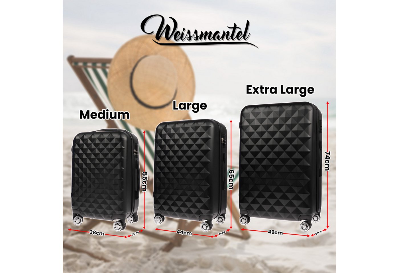 Weissmantel Kofferset Koffer 3er Set Kofferset Hartschalenkoffer Koffer Set Handgepäck, (4 Leichtlauf-Rollen, 360° Leichtlaufrollen, Koffer Set, Tolley Set Koffer set 3 teilig, Kofferset XL Bordgepäck), Suitcase 3 teilig Rollkoffer Hartschalenkoffer Reisekoffer Kofferset Bild 3