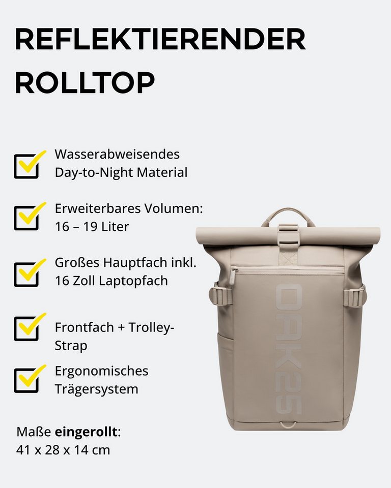 OAK25 Cityrucksack LumoSense Rolltop Lite Rucksack reflektierend (1-tlg), Roll Top Backpack mit Laptopfach bis 16 Zoll, wasserabweisend