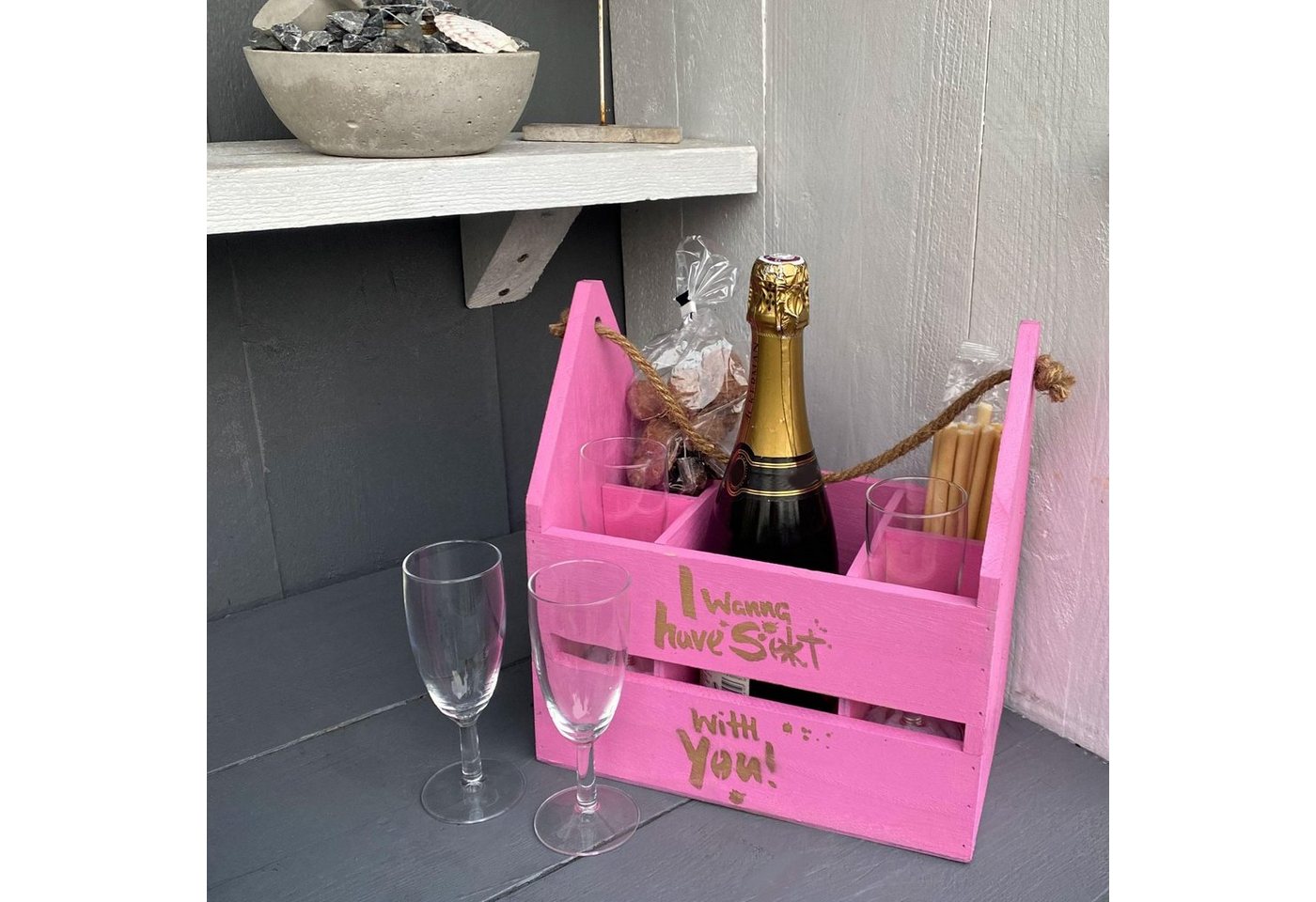 UNUS HOME Flaschenkorb Flaschenträger I wanna have sekt with you, für 4 Flaschen und Snacks für den Mädelsabend oder zum Veschenken