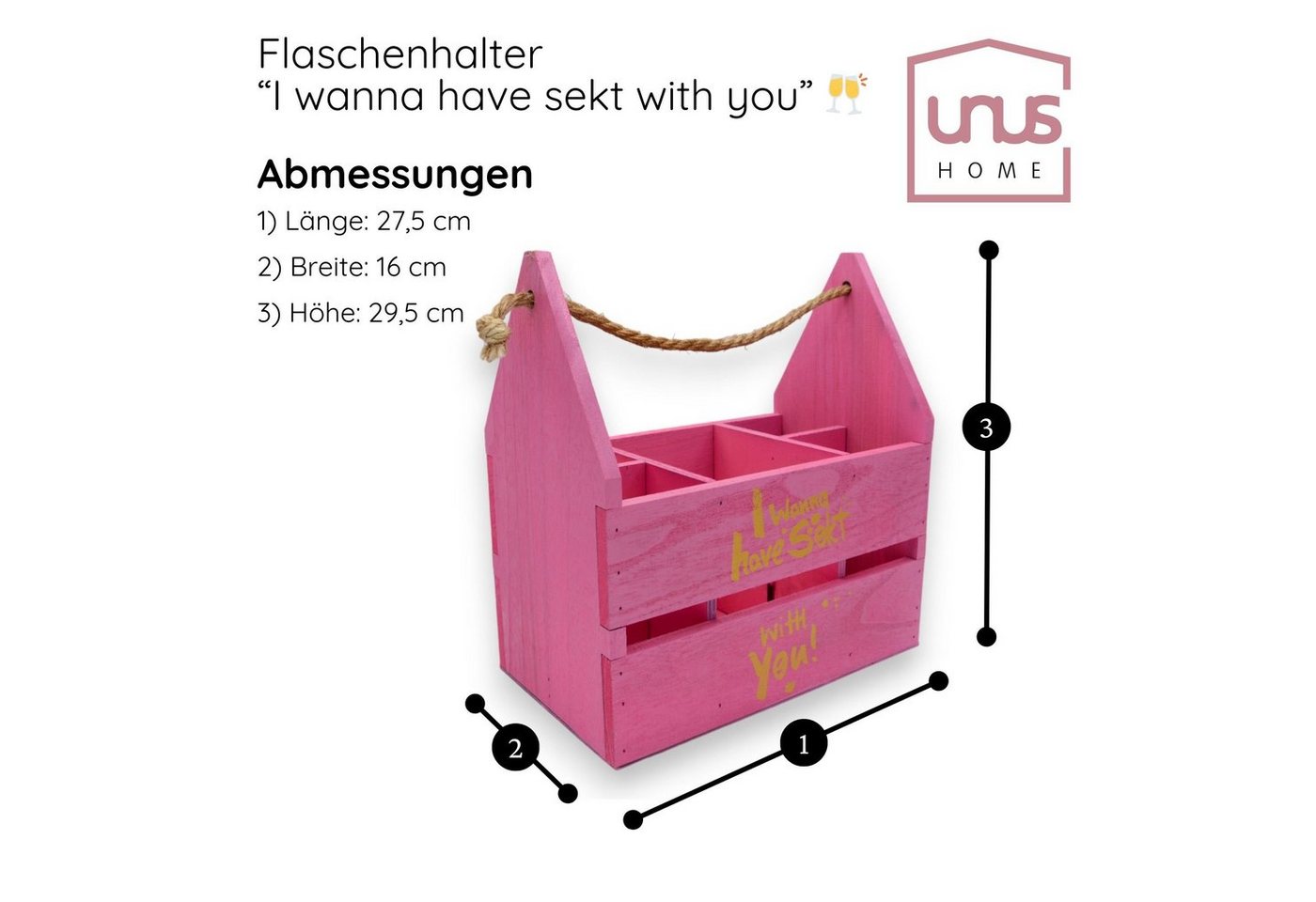 UNUS HOME Flaschenkorb Flaschenträger I wanna have sekt with you, für 4 Flaschen und Snacks für den Mädelsabend oder zum Veschenken Bild 3