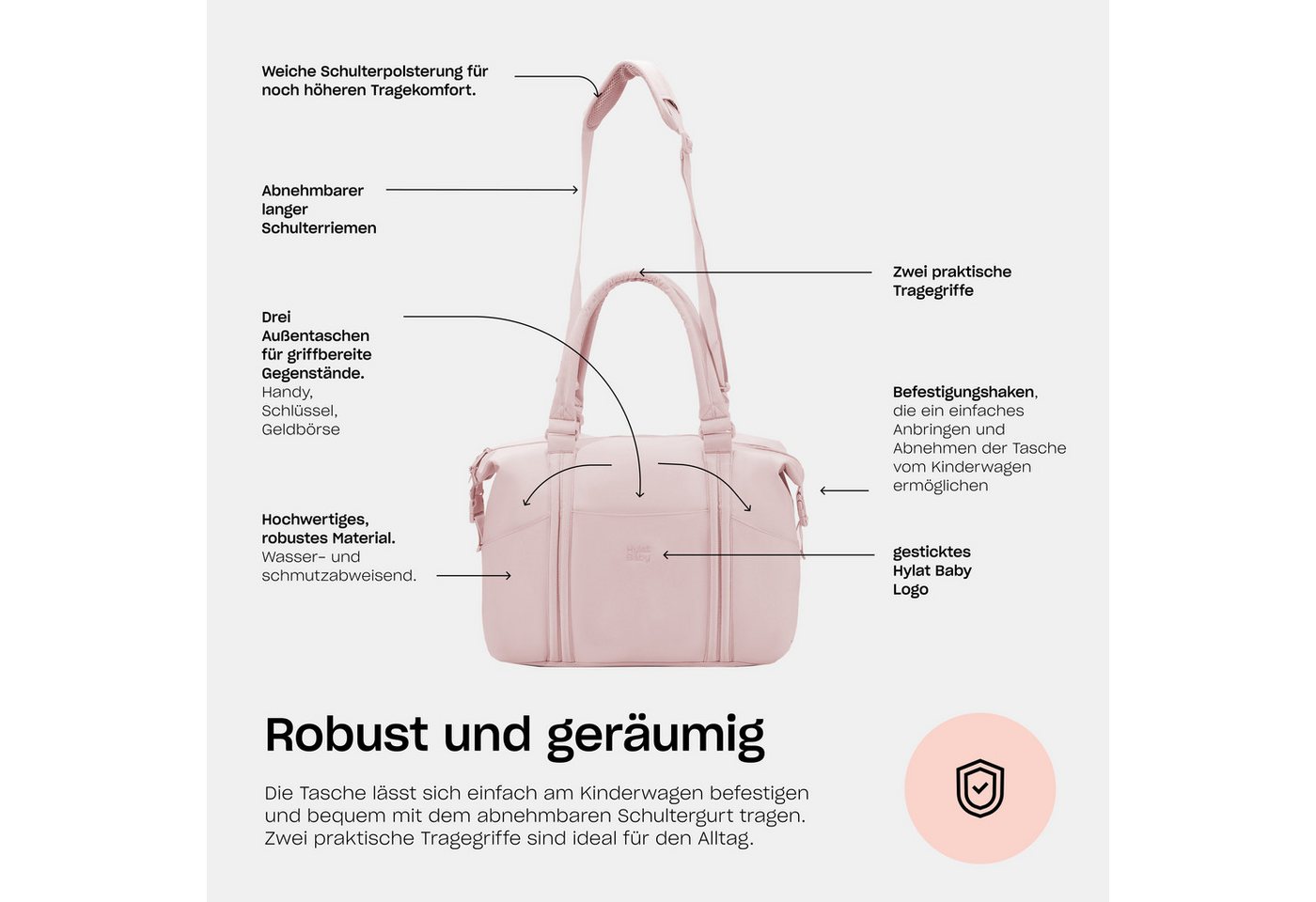 Hylat Baby Wickeltasche Wickeltasche mit Wickelunterlage und Leinentasche – Rosa (3-tlg), Wickeltasche mit Wickelunterlage und Leinentasche - Rosa Bild 5