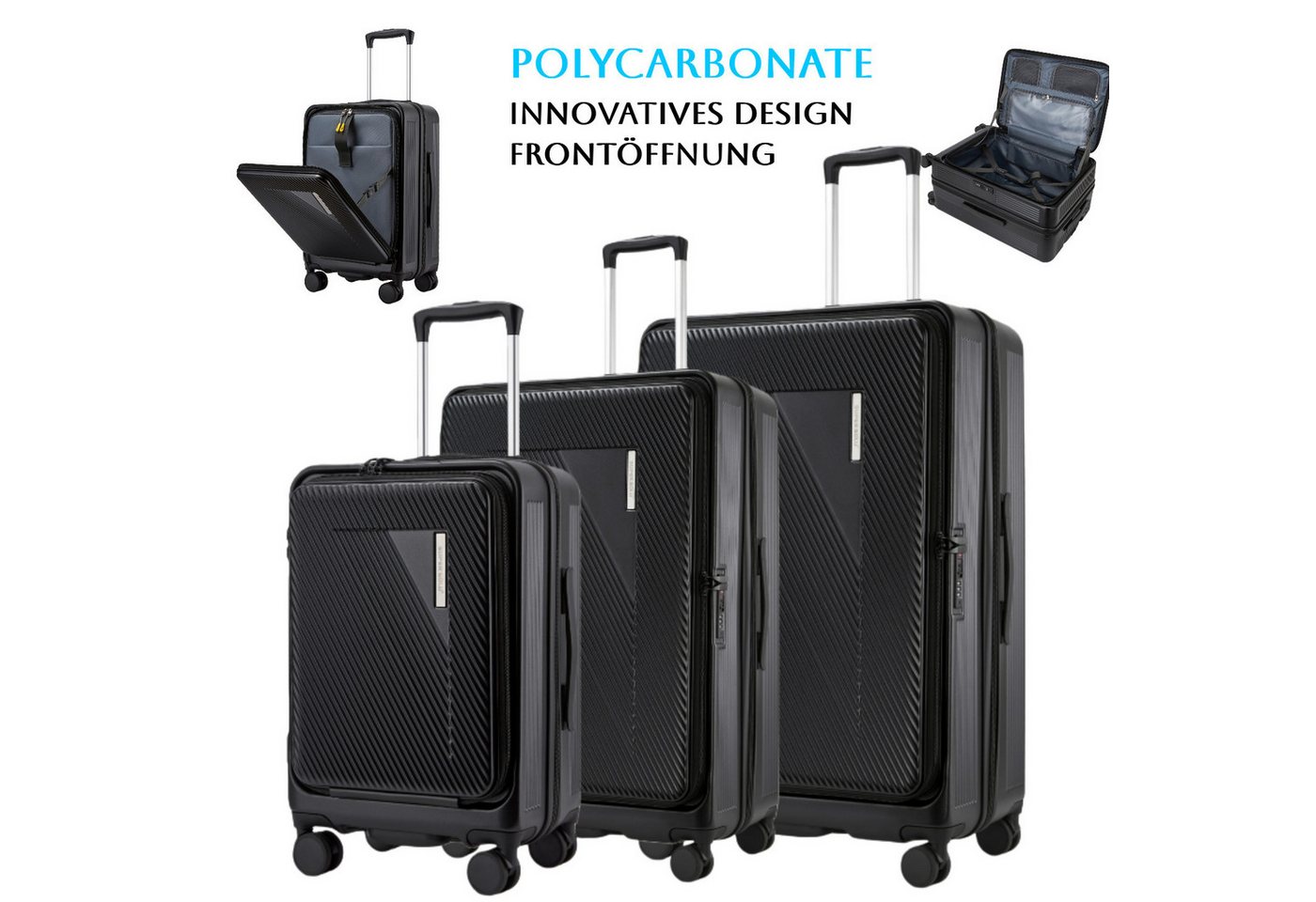Super Solu Kofferset Reisekoffer mit Frontöffnung, Hartschale Koffer Erweiterbar, 100% PC, 4 Rollen, (Zürich-Series-Kofferset, 3 tlg., Schwarz, für Urlaubsreisen), mit TSA-Schloss, leise Doppelrollen, kratzfest