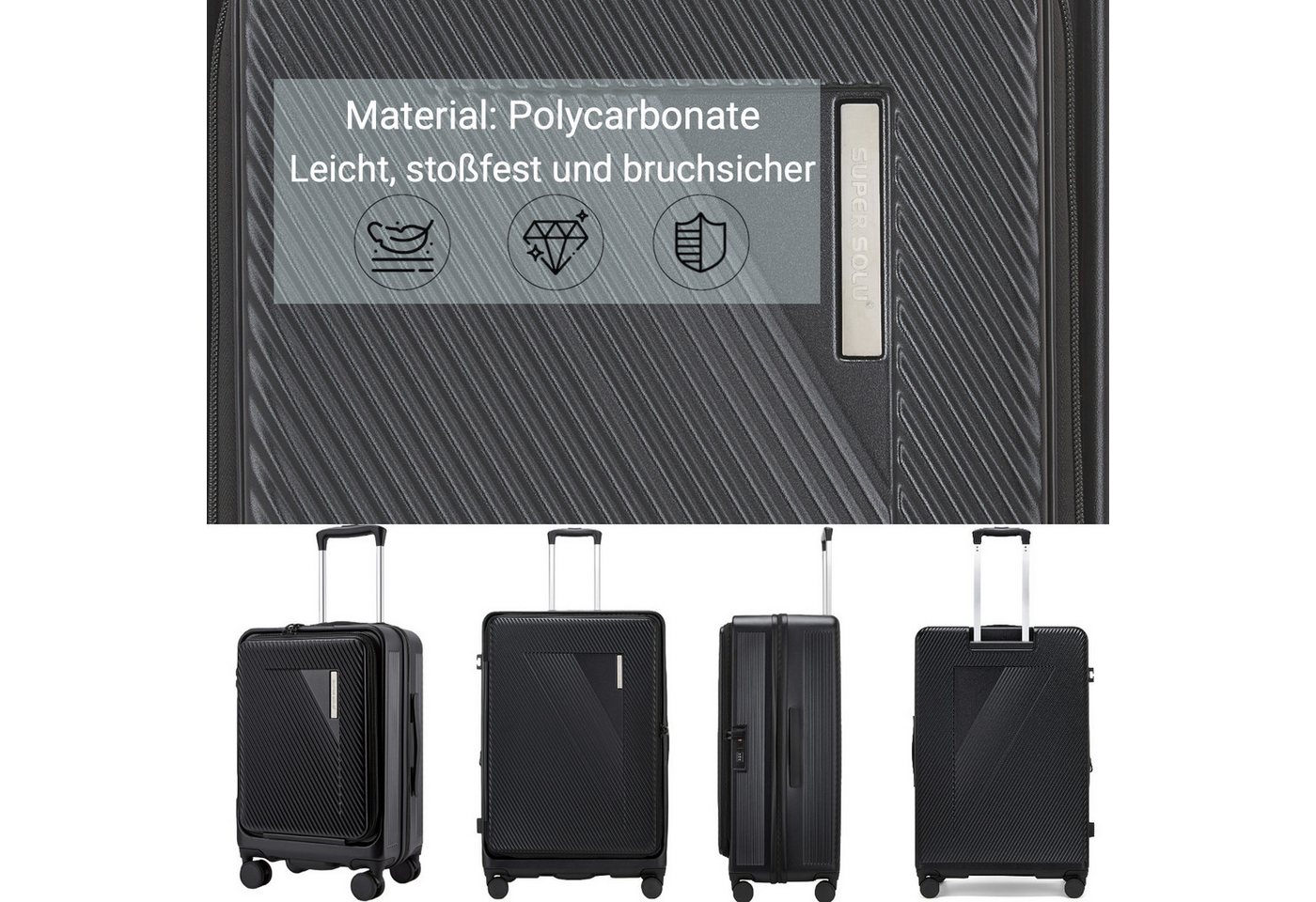 Super Solu Kofferset Reisekoffer mit Frontöffnung, Hartschale Koffer Erweiterbar, 100% PC, 4 Rollen, (Zürich-Series-Kofferset, 3 tlg., Schwarz, für Urlaubsreisen), mit TSA-Schloss, leise Doppelrollen, kratzfest Bild 3