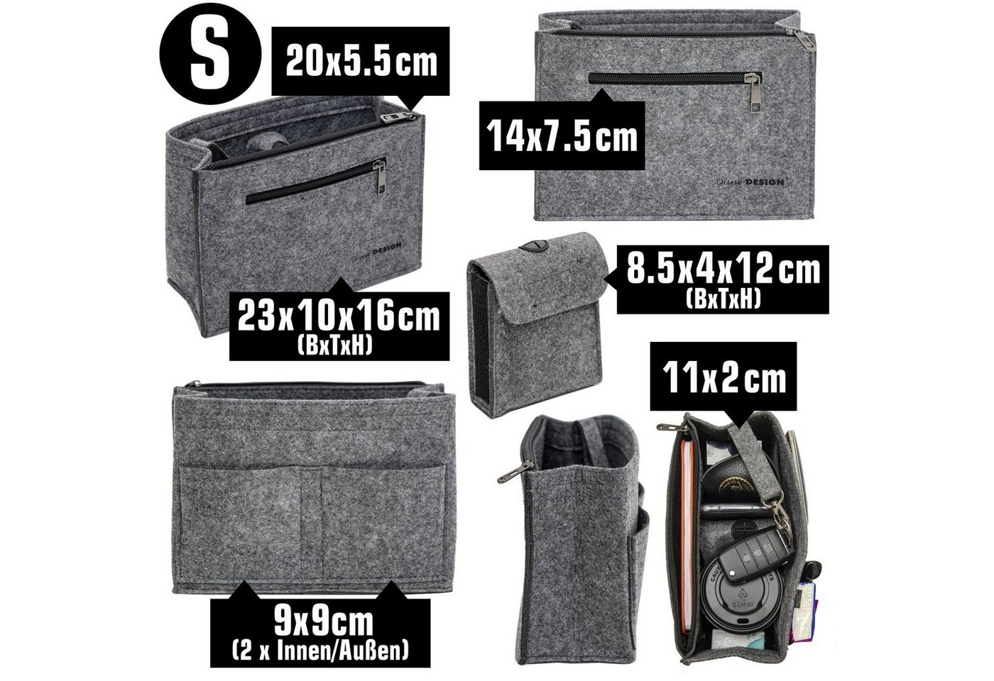 DuneDesign Taschenorganizer S - Filz Handtaschenorganizer mit Fächern für Handtasche und Rucksack, 23 x 10 x 16 cm Taschen Organizer - Innentasche für Damen Handtaschen