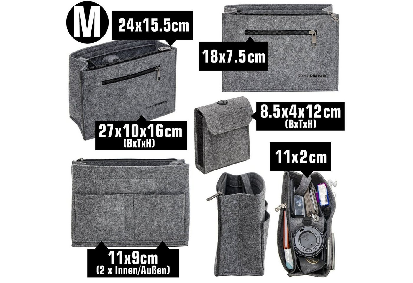 DuneDesign Taschenorganizer M - Filz Handtaschenorganizer mit Fächern für Handtasche und Rucksack, 27 x 10 x 16 cm Taschen Organizer - Innentasche für Damen Handtaschen Bild 4