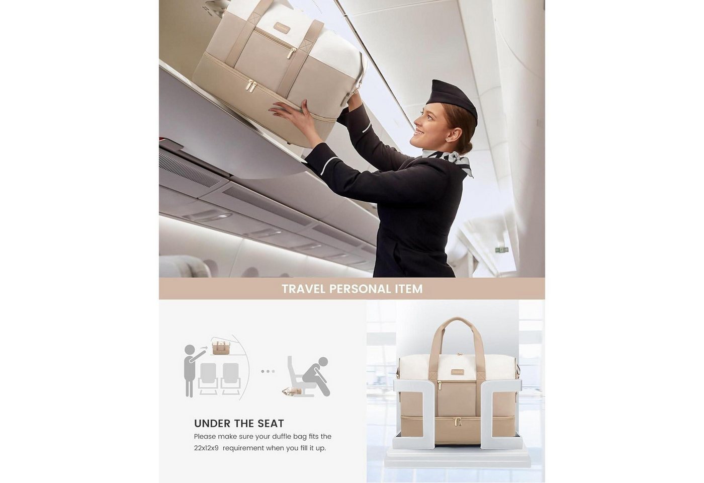 LuxusKollektion Weekender Reisetasche Damen Weekender Handgepäck Update-beige+khaki 45x36x20cm Bild 3