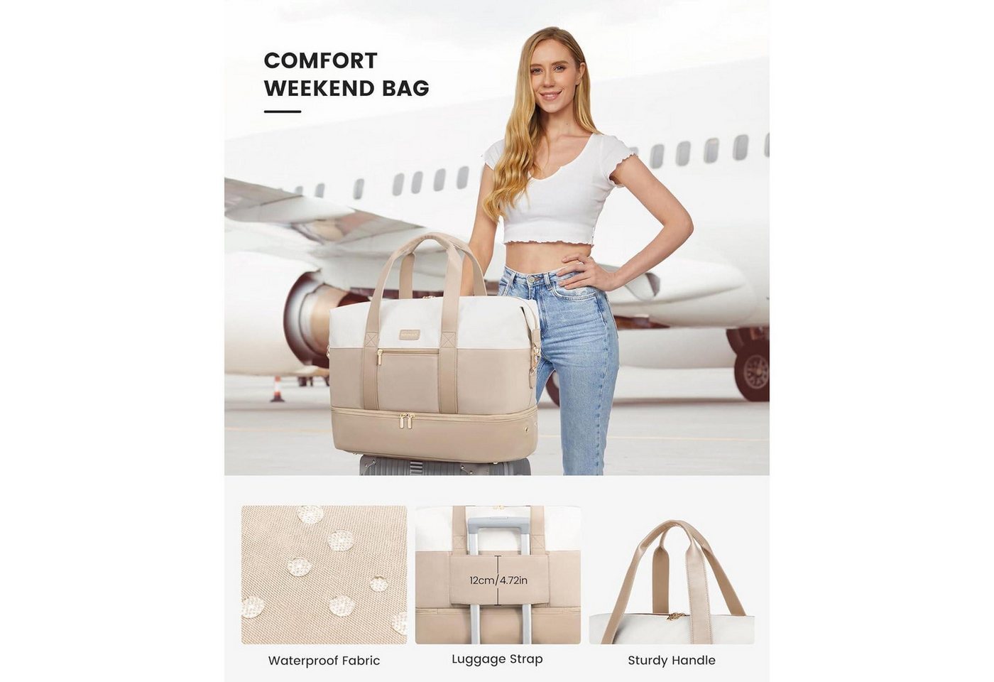 LuxusKollektion Weekender Reisetasche Damen Weekender Handgepäck Update-beige+khaki 45x36x20cm Bild 4