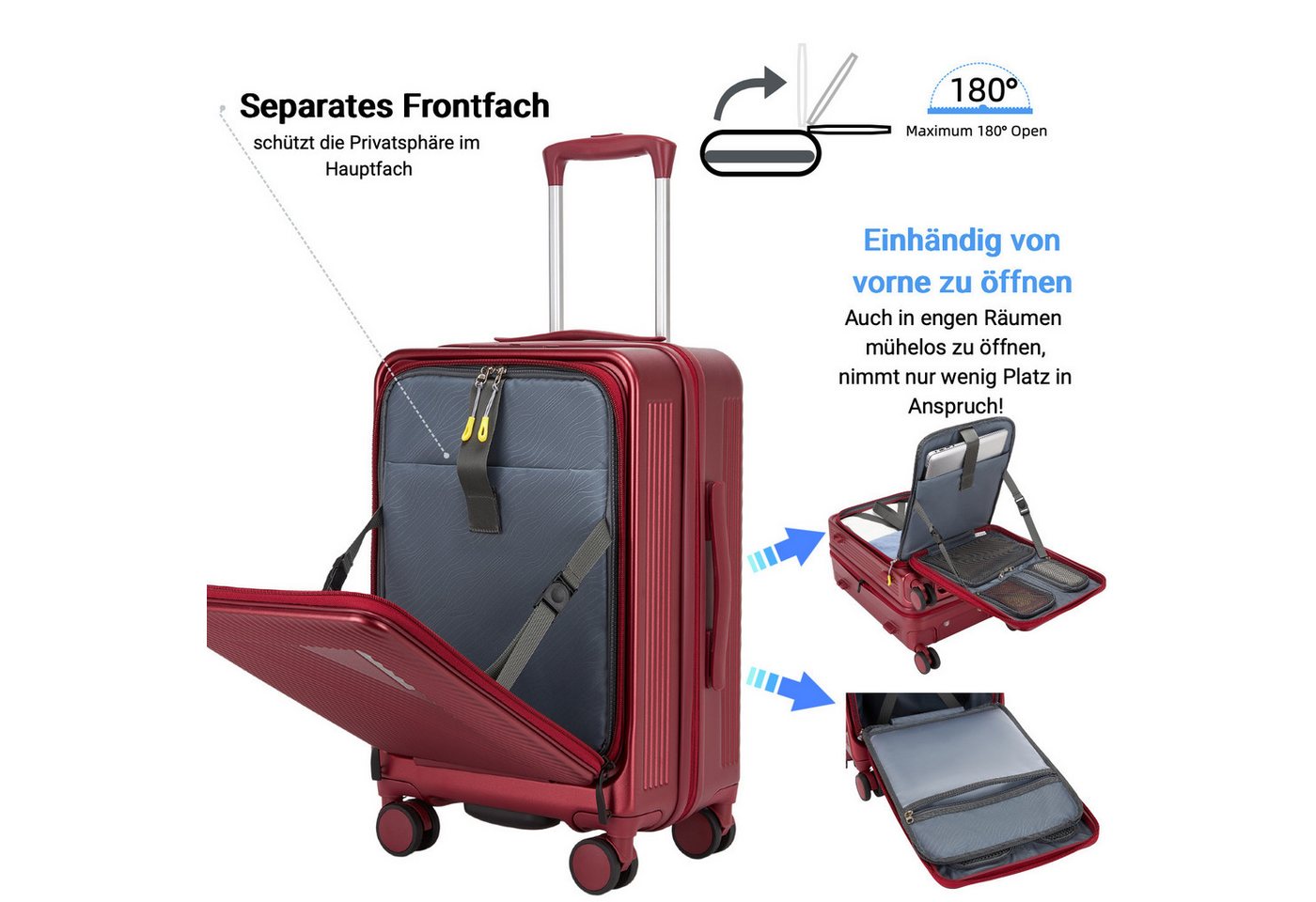 Super Solu Handgepäck-Trolley Hartschalenkoffer 55cm PC erweiterbar mit Frontöffnung & Laptopfach, 4 Rollen, Reisekoffer mit TSA-Schloss & 4 x 360° Doppelrollen, Schwarz