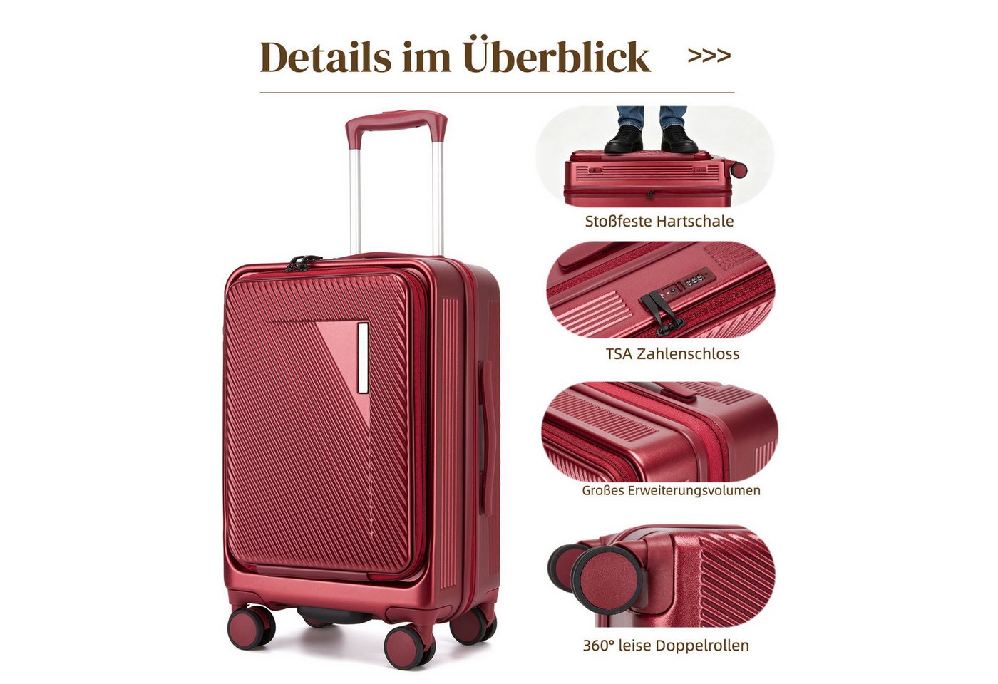 Super Solu Handgepäck-Trolley Hartschalenkoffer 55cm PC erweiterbar mit Frontöffnung & Laptopfach, 4 Rollen, Reisekoffer mit TSA-Schloss & 4 x 360° Doppelrollen, Schwarz Bild 3