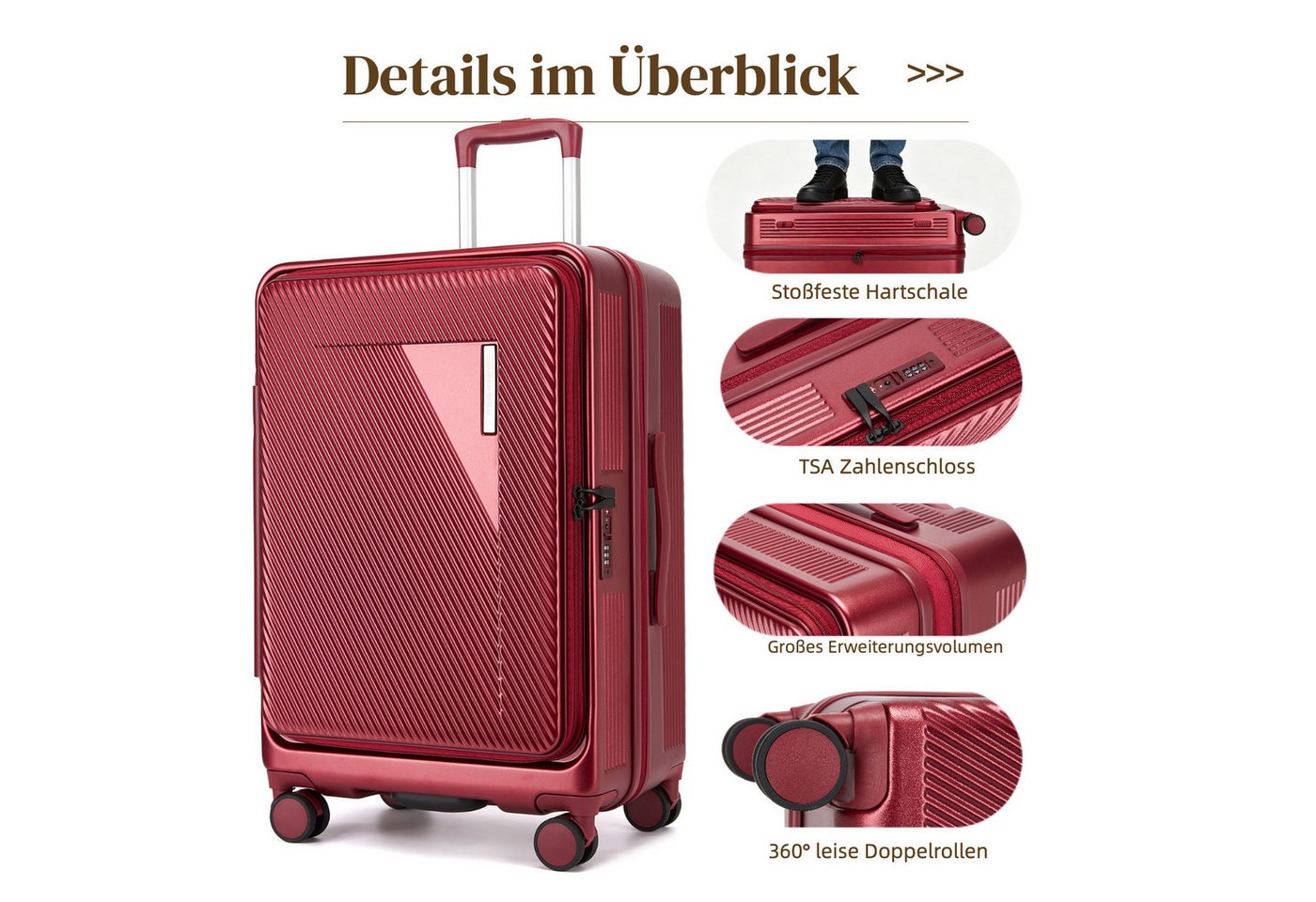 Super Solu Hartschalen-Trolley Erweiterbarer Reisekoffer mit Frontöffnung, Hartschalenkoffer 100% PC, 4 Rollen, 360° Doppelrollen, 28Zoll/76cm, Stoßfester Koffer mit TSA, Rot