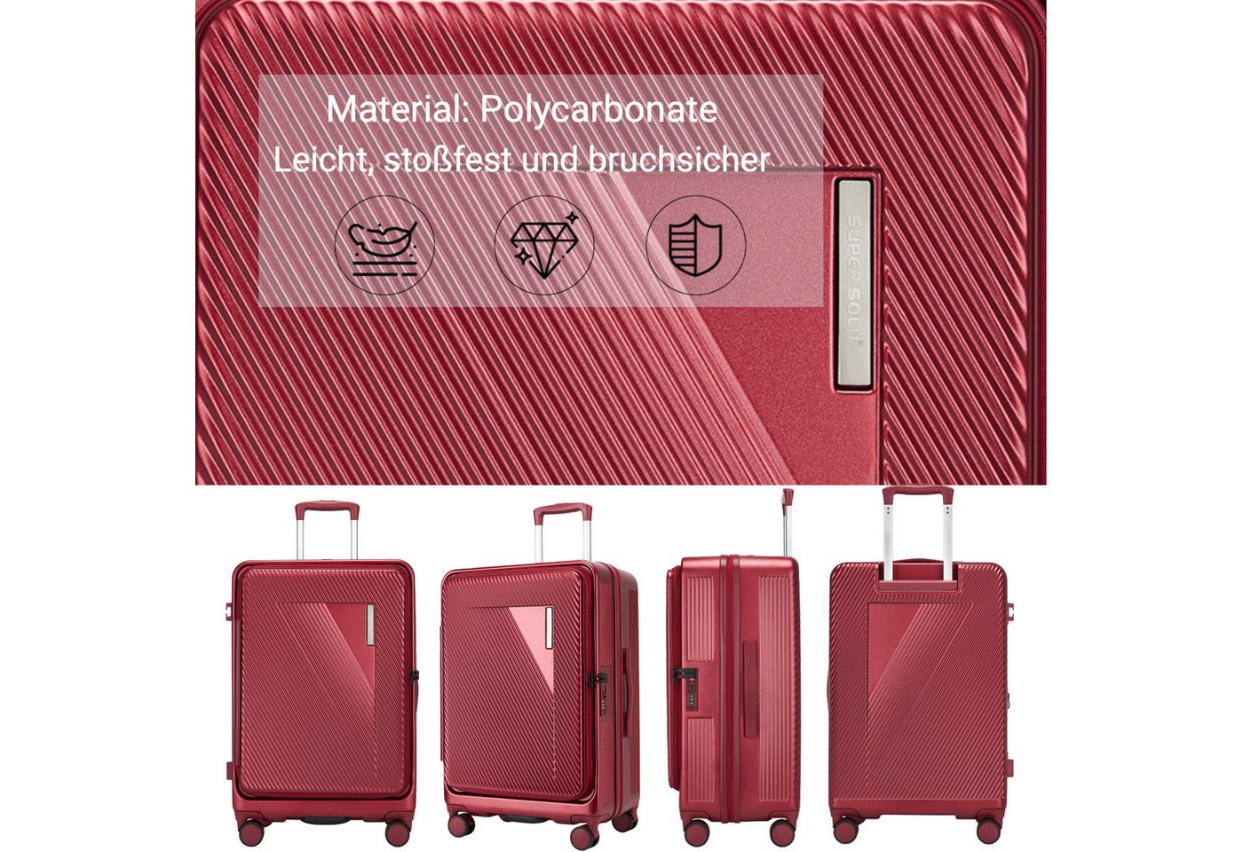 Super Solu Hartschalen-Trolley Erweiterbarer Reisekoffer mit Frontöffnung, Hartschalenkoffer 100% PC, 4 Rollen, 360° Doppelrollen, 28Zoll/76cm, Stoßfester Koffer mit TSA, Rot Bild 3