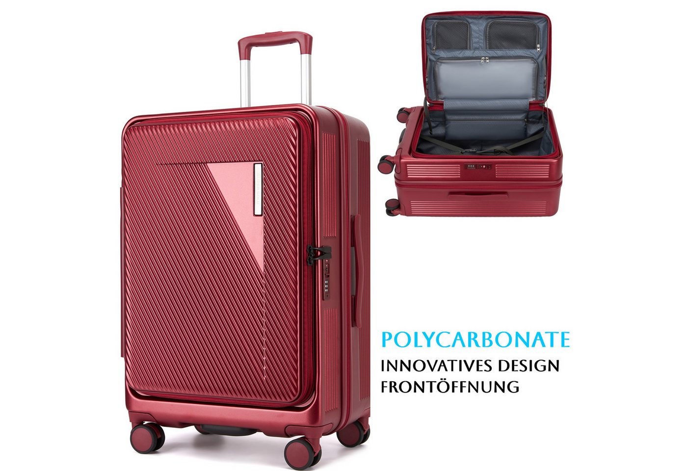 Super Solu Hartschalen-Trolley Erweiterbarer Reisekoffer mit Frontöffnung, Hartschalenkoffer 100% PC, 4 Rollen, 360° Doppelrollen, 28Zoll/76cm, Stoßfester Koffer mit TSA, Rot Bild 4