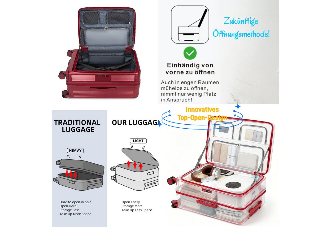 Super Solu Hartschalen-Trolley Erweiterbarer Reisekoffer mit Frontöffnung, Hartschalenkoffer 100% PC, 4 Rollen, 360° Doppelrollen, 28Zoll/76cm, Stoßfester Koffer mit TSA, Rot Bild 5