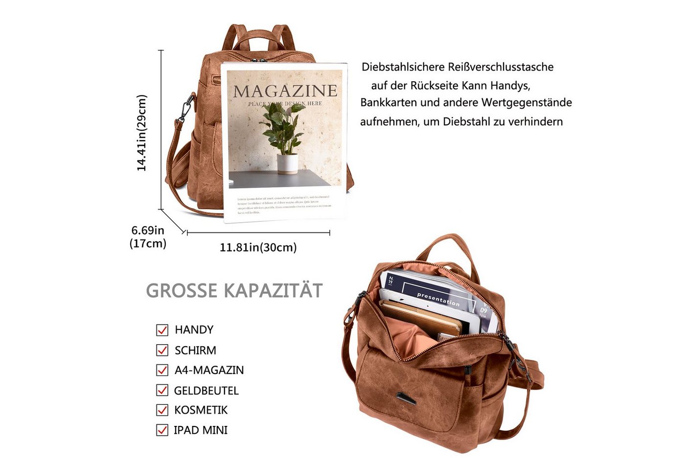 Zaewry Cityrucksack Unisex Rucksack Wasserdicht Anti-Diebstahl Leichtgewicht Reisen, Mehrzweck Cabrio Geldbörse Umhängetasche Handtasche Rucksack Bild 5