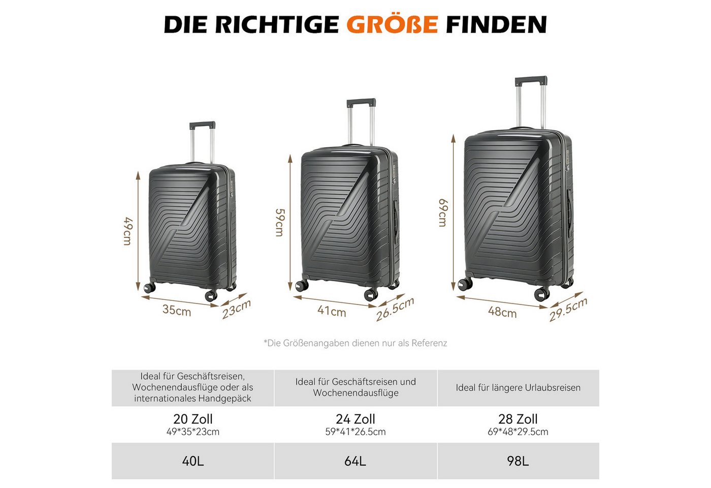 oyajia Kofferset Rollkoffer 3-teiliges Set 20 24 28 Zoll aus PP Hartschale, (Reisekoffer Set mit TSA Zahlenschloss & 4 Rollen, 3 tlg., Handgepäckkoffer + Mittelgroß + XL Trolley Set), Leichtes Trolley Set für Urlaub Business Reisen Bild 5
