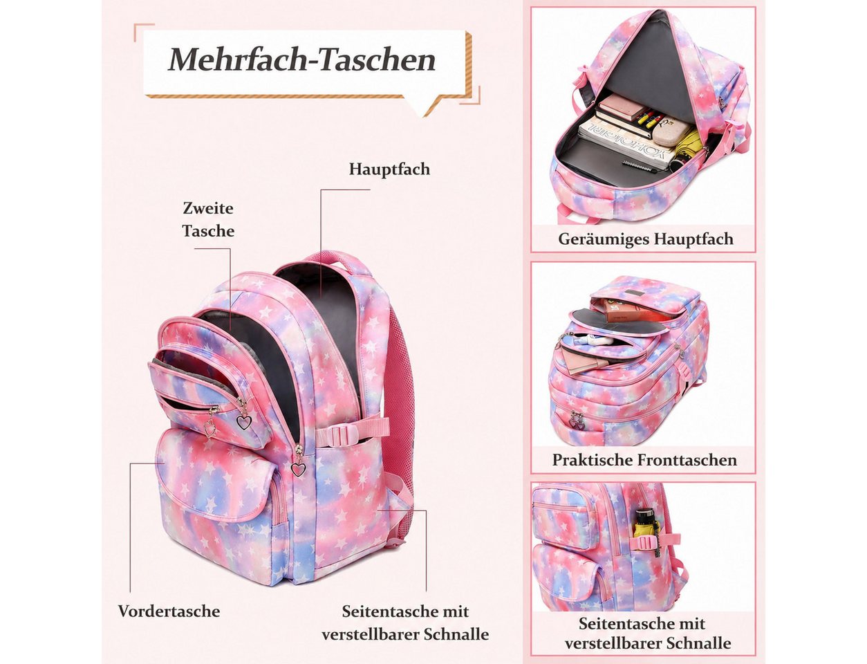 MOPUEA Schulrucksack 3 Stück Schulrucksack-Set Schultasche Teenager Turnbeutel (Langlebiges Material & pflegeleicht, 3-tlg., 3-teiliges Set – praktisch & vielseitig), Atmungsaktiv & durchdacht organisiert