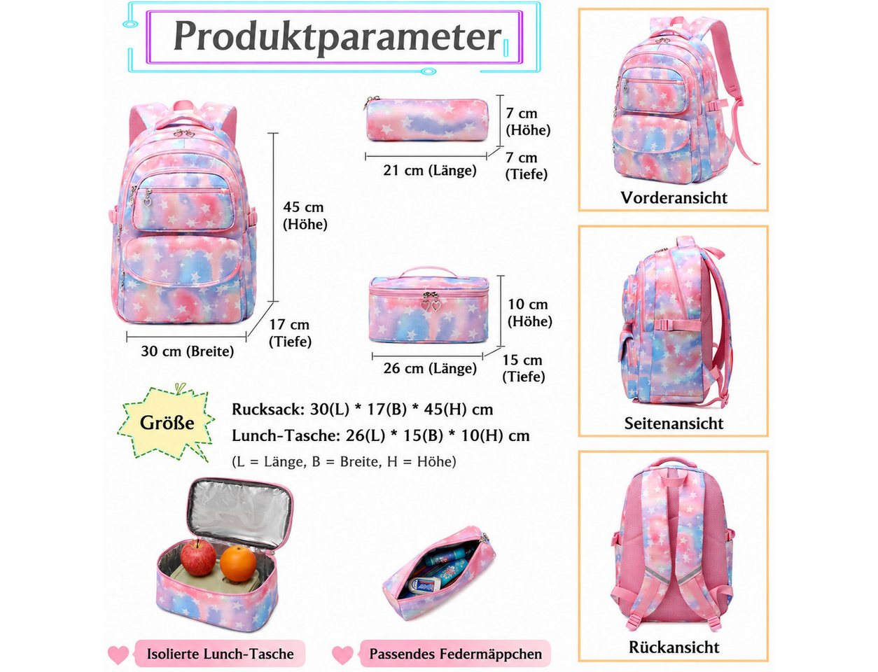 MOPUEA Schulrucksack 3 Stück Schulrucksack-Set Schultasche Teenager Turnbeutel (Langlebiges Material & pflegeleicht, 3-tlg., 3-teiliges Set – praktisch & vielseitig), Atmungsaktiv & durchdacht organisiert Bild 2