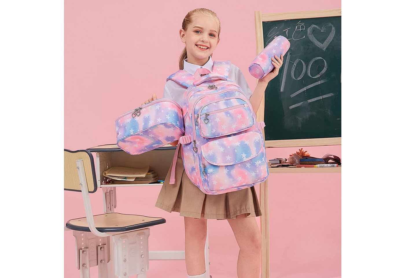MOPUEA Schulrucksack 3 Stück Schulrucksack-Set Schultasche Teenager Turnbeutel (Langlebiges Material & pflegeleicht, 3-tlg., 3-teiliges Set – praktisch & vielseitig), Atmungsaktiv & durchdacht organisiert Bild 4