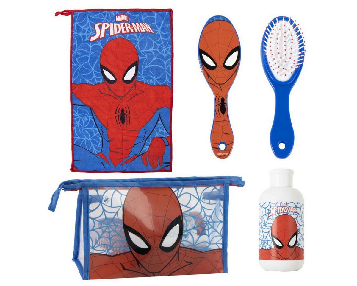 Spiderman Kulturbeutel - Kinder Waschset Haarbürste Handtuch Travel Zubehör (3-tlg)