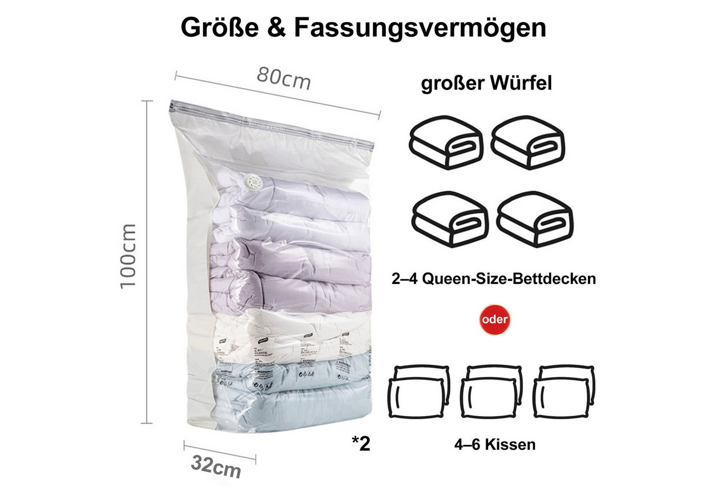 Mutig Aufbewahrungstasche 4 Pack Würfel Vakuumbeutel, (Max: 80x100x32 cm),Schrankorganisation (für Bettdecken, Decken, Bettwäsche,Platz sparen vakuum kleiderbeutel, 4-tlg., 4 Pack Extra große vakuumbeutel Kompatibel mit Staubsauger), Wiederverwendbar und luftdicht-wasser- und feuchtigkeitsabweisend Bild 2