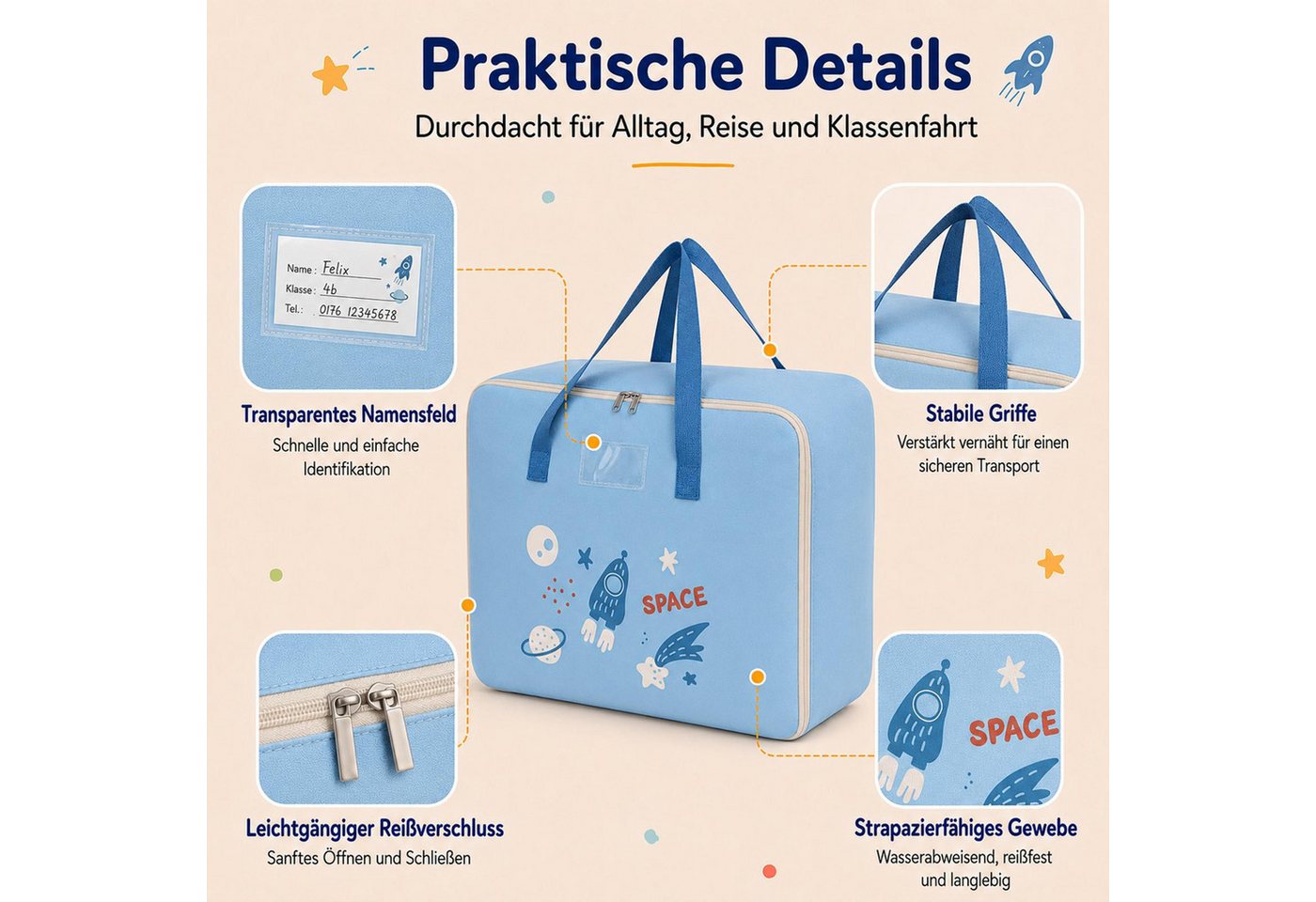 VERCO Reisetasche Kinder Gepäcktasche faltbar für Klassenfahrt (1-tlg), Faltbare Aufbewahrungstasche Kinderzimmer Camping Urlaub