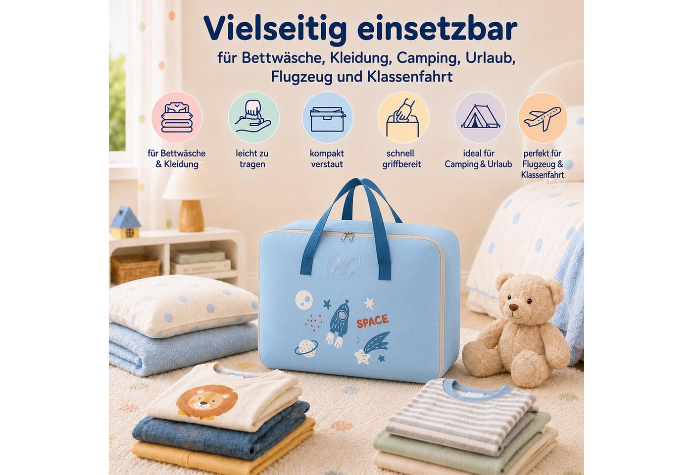 VERCO Reisetasche Kinder Gepäcktasche faltbar für Klassenfahrt (1-tlg), Faltbare Aufbewahrungstasche Kinderzimmer Camping Urlaub Bild 3