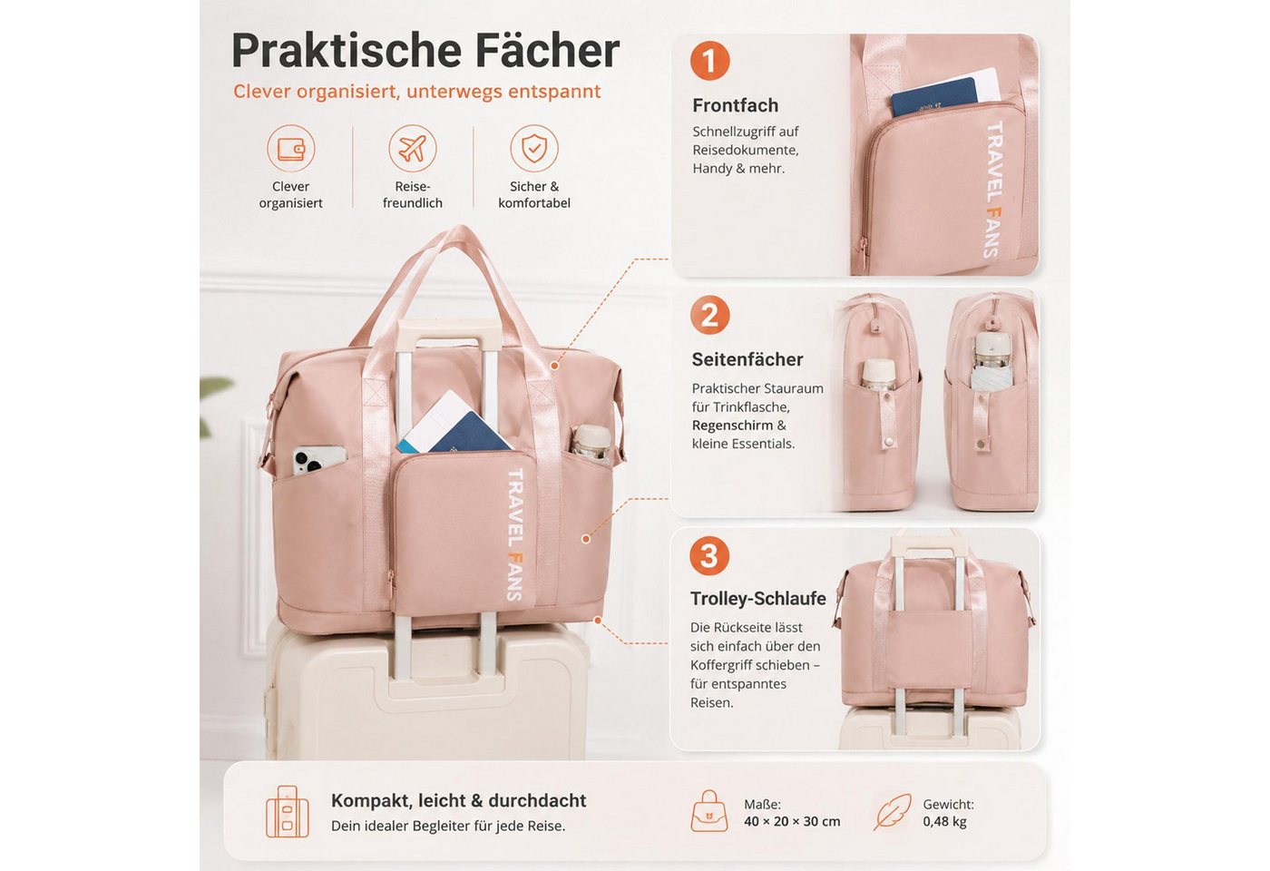 VERCO Reisetasche faltbar mit Trolley Schlaufe und Frontfach (1-tlg), Faltbare Handgepäcktasche für Reisen mit Kofferhalterung
