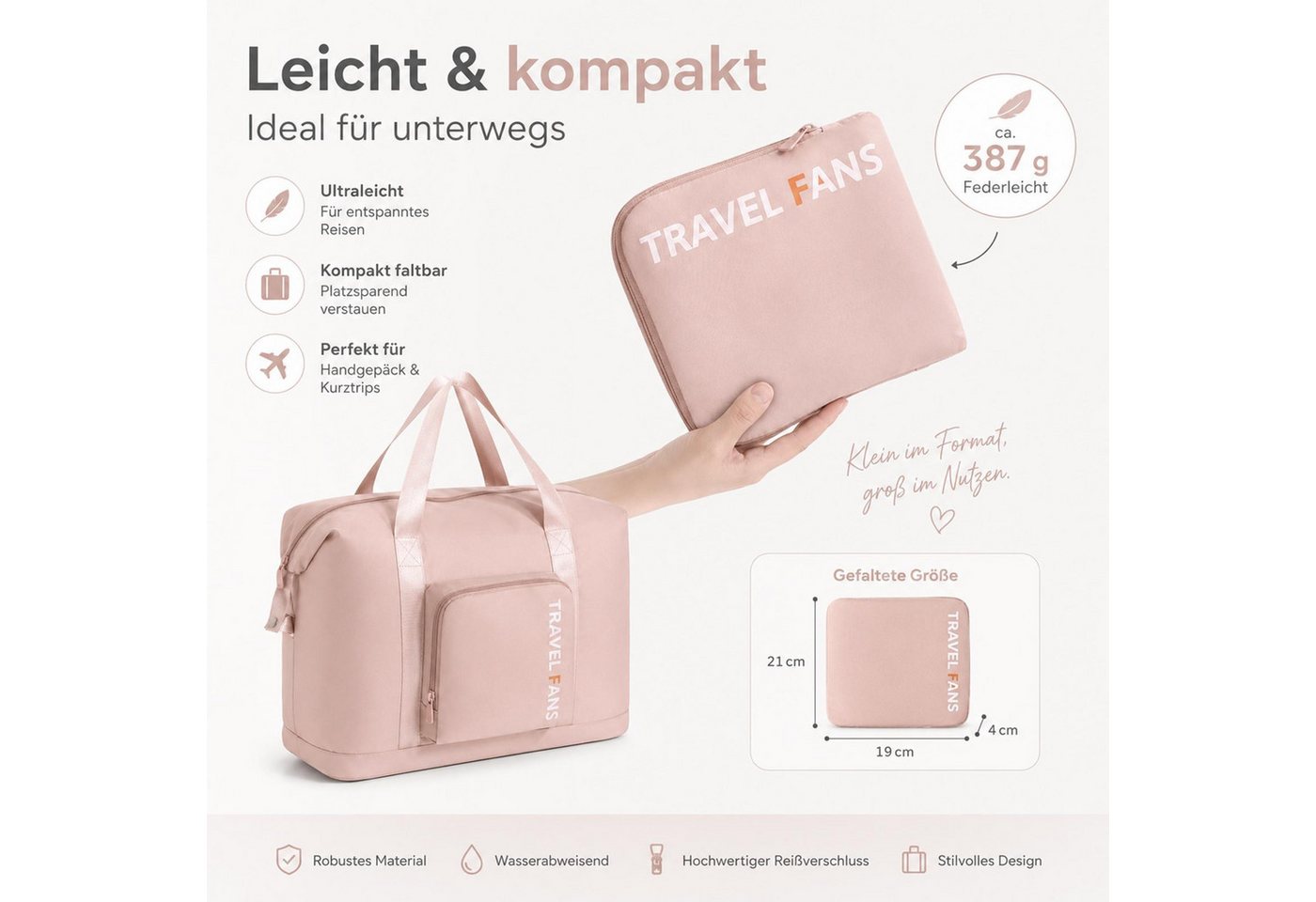 VERCO Reisetasche faltbar mit Trolley Schlaufe und Frontfach (1-tlg), Faltbare Handgepäcktasche für Reisen mit Kofferhalterung Bild 3