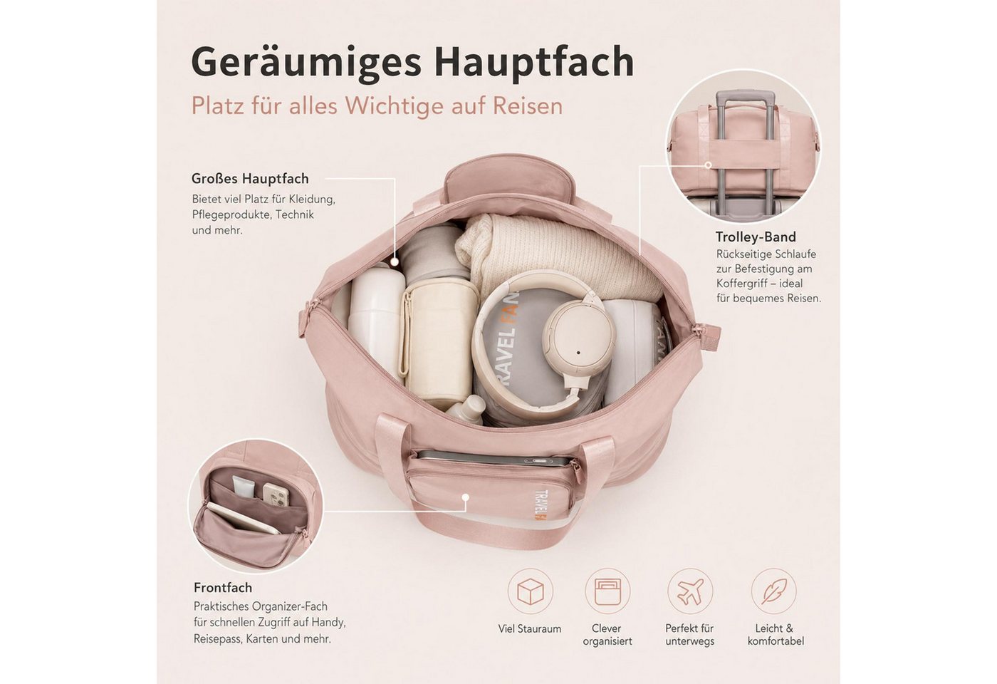 VERCO Reisetasche faltbar mit Trolley Schlaufe und Frontfach (1-tlg), Faltbare Handgepäcktasche für Reisen mit Kofferhalterung Bild 4