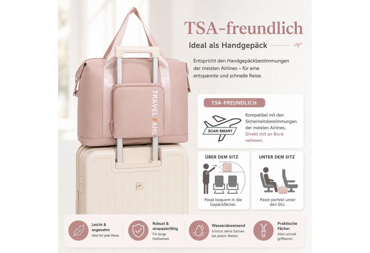 VERCO Reisetasche faltbar mit Trolley Schlaufe und Frontfach (1-tlg), Faltbare Handgepäcktasche für Reisen mit Kofferhalterung Bild 5