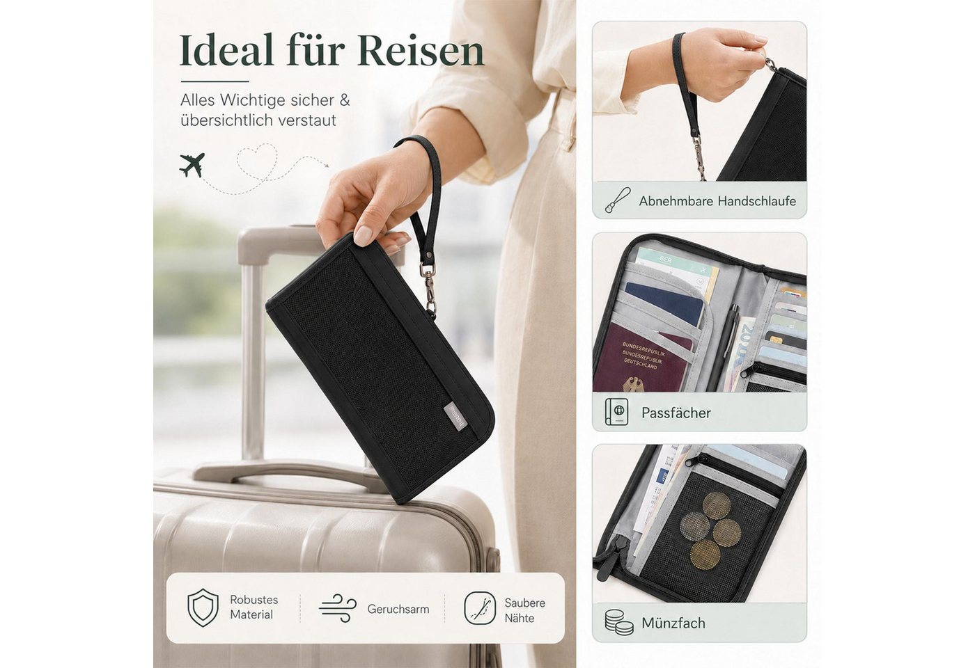 VERCO Dokumententasche RFID Schutz Reisepasshülle mit Kartenfächern, Reisebrieftasche mit Münzfach Handschlaufe Stifthalter Organizer Bild 2