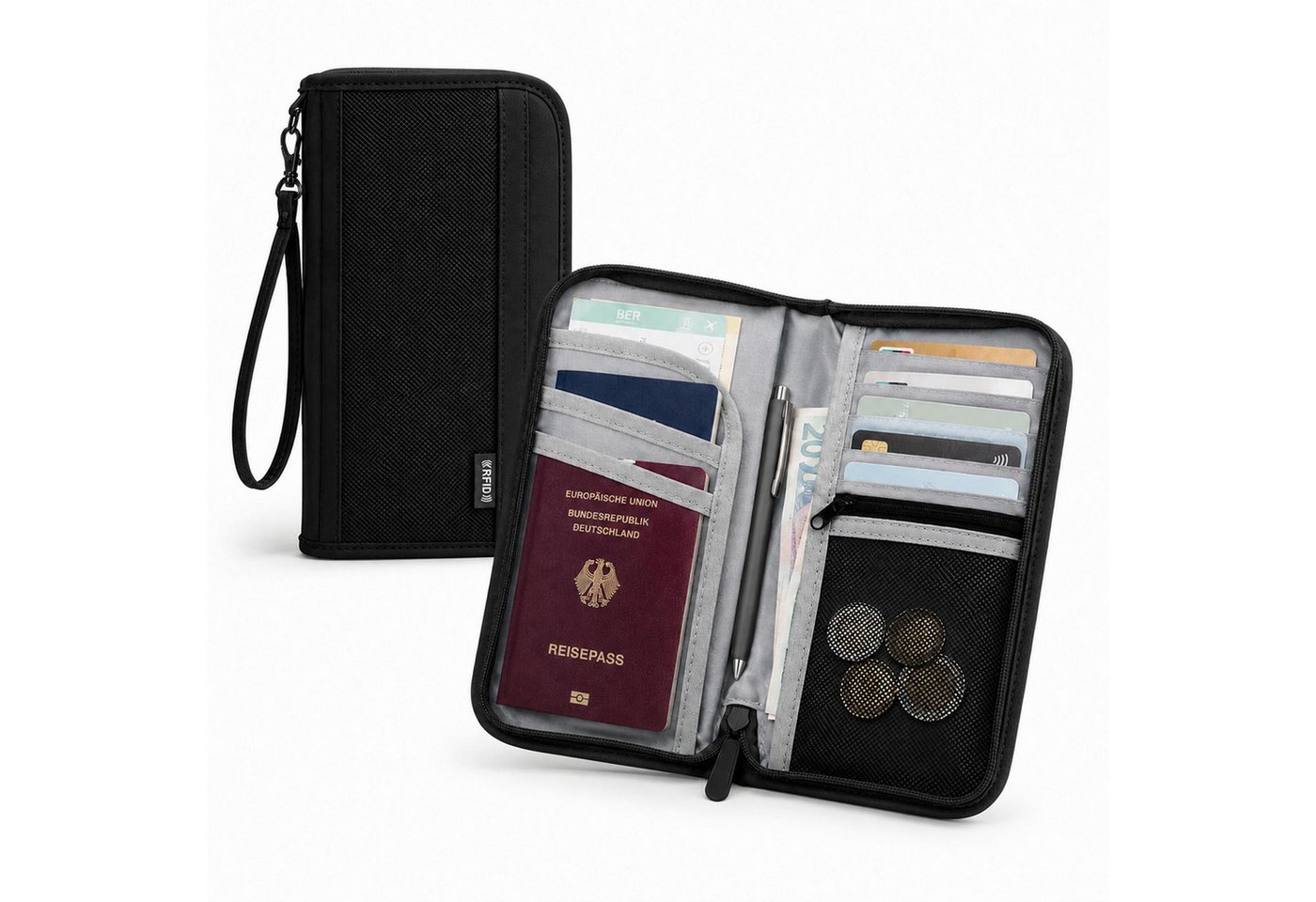 VERCO Dokumententasche RFID Schutz Reisepasshülle mit Kartenfächern, Reisebrieftasche mit Münzfach Handschlaufe Stifthalter Organizer Bild 3