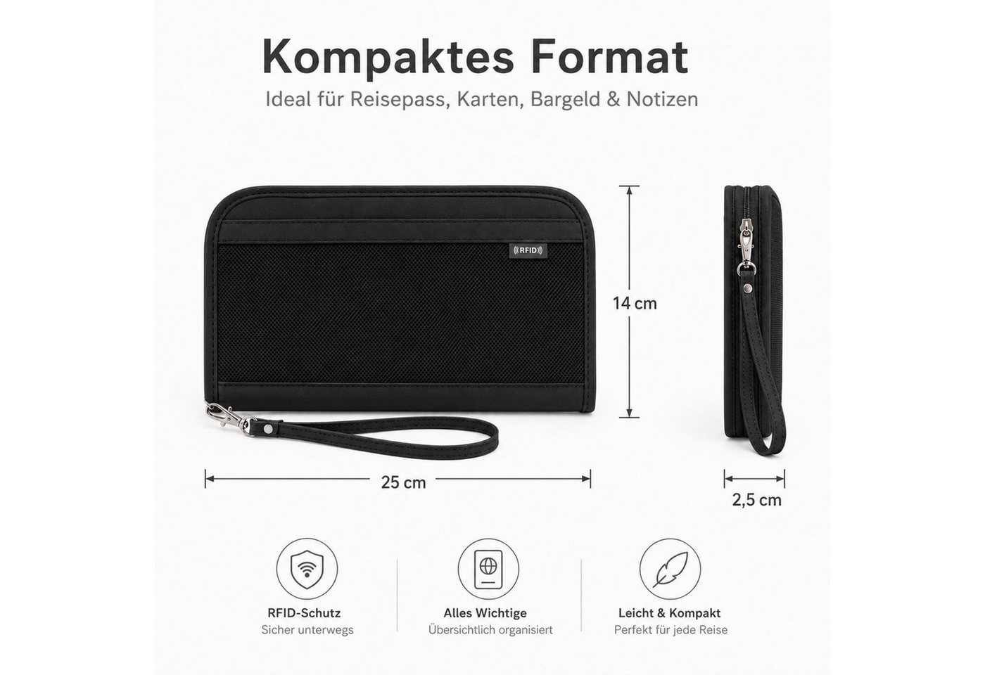 VERCO Dokumententasche RFID Schutz Reisepasshülle mit Kartenfächern, Reisebrieftasche mit Münzfach Handschlaufe Stifthalter Organizer Bild 5