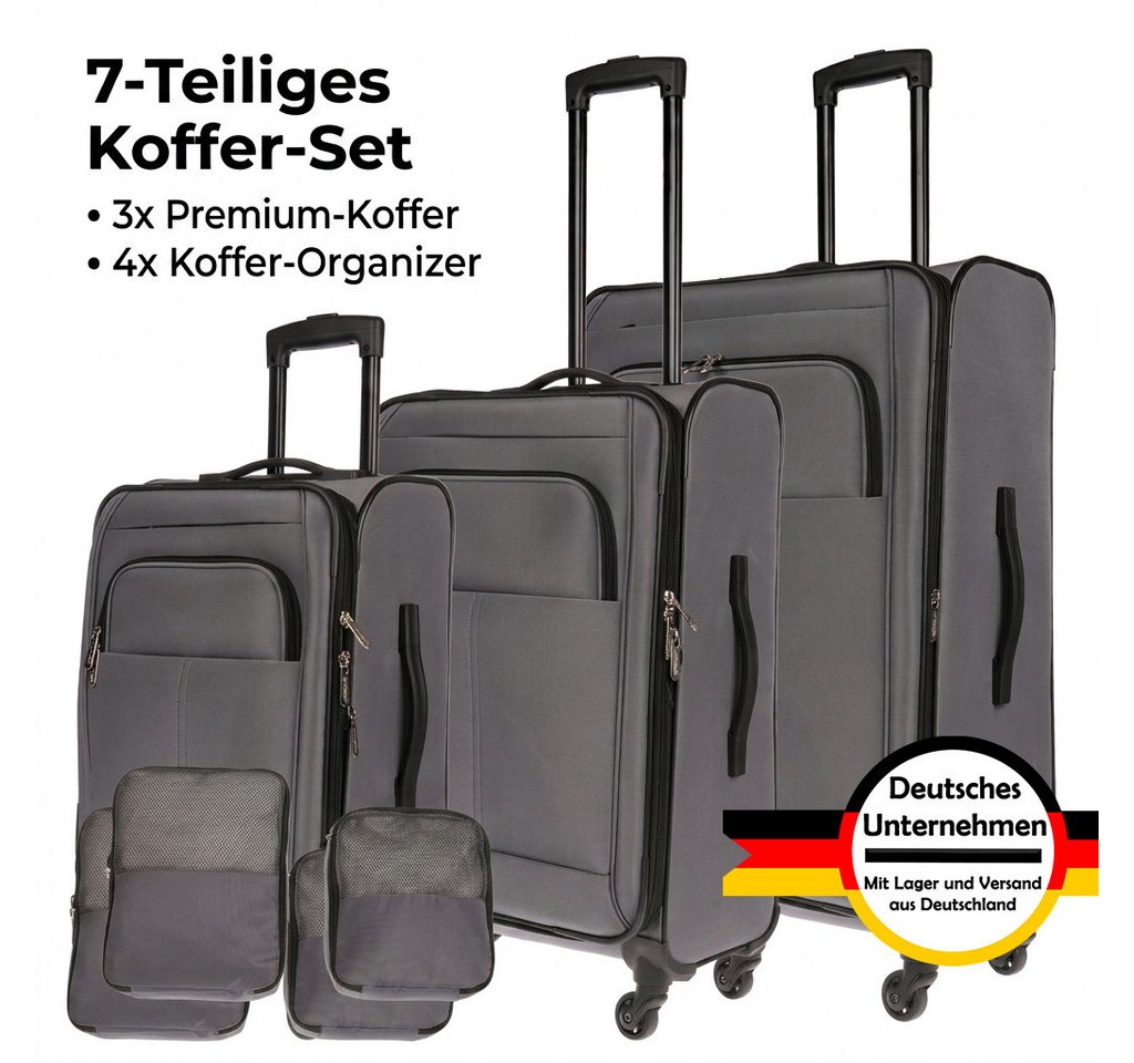 Weissmantel Kofferset 3er Koffer Set Stoffkoffer Set mit 4x Organizer, Weichschale 4 Rollen, (Als Zusatz sind 4 Organizer Tasche enthalten, damit Sie Ihre Kleidung perfekt im Koffer verstauen können., Mit eine Dehnfuge erhöht Volumen des Koffers um ca. 10), Softshell Koffer Set - Kofferset 3 Teilig Weichschale