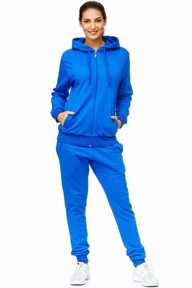 L.gonline Freizeitanzug Damen Jogginganzug einfarbig 100% Baumwolle 586 Blau 3XL (Kapuzenjacke mit Reißverschluss, Hose, 2-tlg), Fitness Freizeit Casual