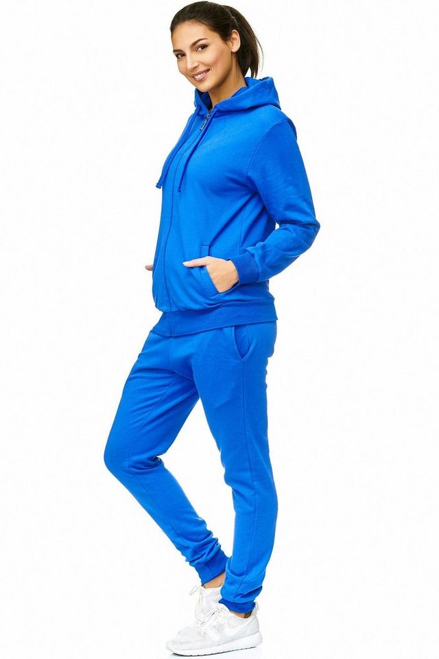 L.gonline Freizeitanzug Damen Jogginganzug einfarbig 100% Baumwolle 586 Blau 3XL (Kapuzenjacke mit Reißverschluss, Hose, 2-tlg), Fitness Freizeit Casual Bild 3