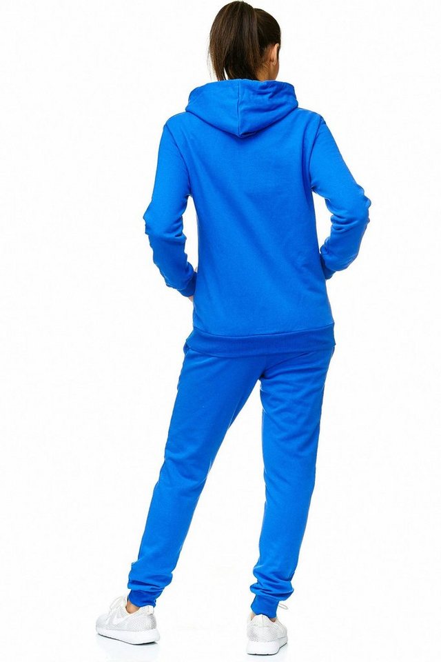 L.gonline Freizeitanzug Damen Jogginganzug einfarbig 100% Baumwolle 586 Blau 3XL (Kapuzenjacke mit Reißverschluss, Hose, 2-tlg), Fitness Freizeit Casual Bild 4
